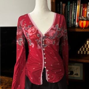 Free People Red Floral Sheer Blouse